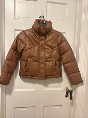 Cropped Tan Faux-Leather Puffer Jacket with High Collar